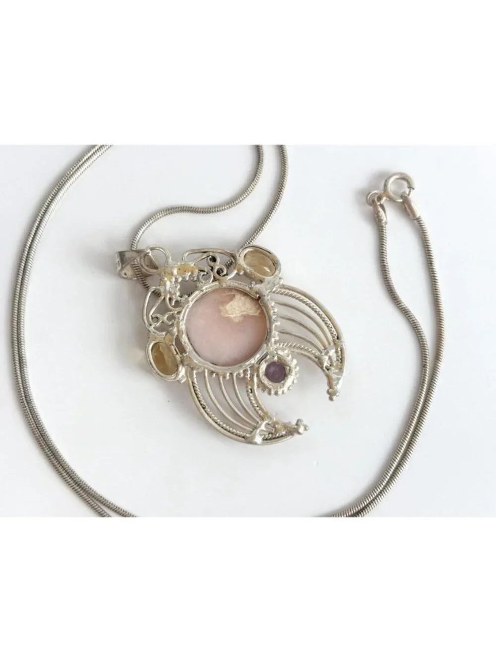 Rose Quartz Amethyst & Citrine Sterling Silver 925 Vintage Pendant Necklace 20